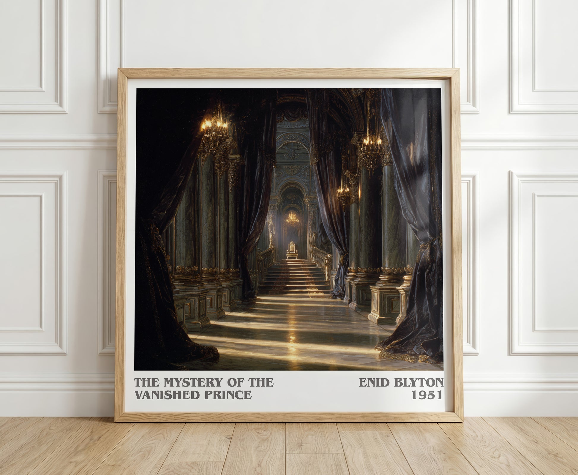 The Mystery of the Vanished Prince literary print in frame leaning in hallway – childrens wall art