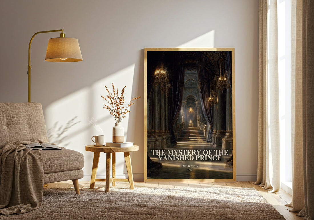 The Mystery Of The Vanished Prince watercolour print in frame leaning in hallway – childrens wall art (mockup)