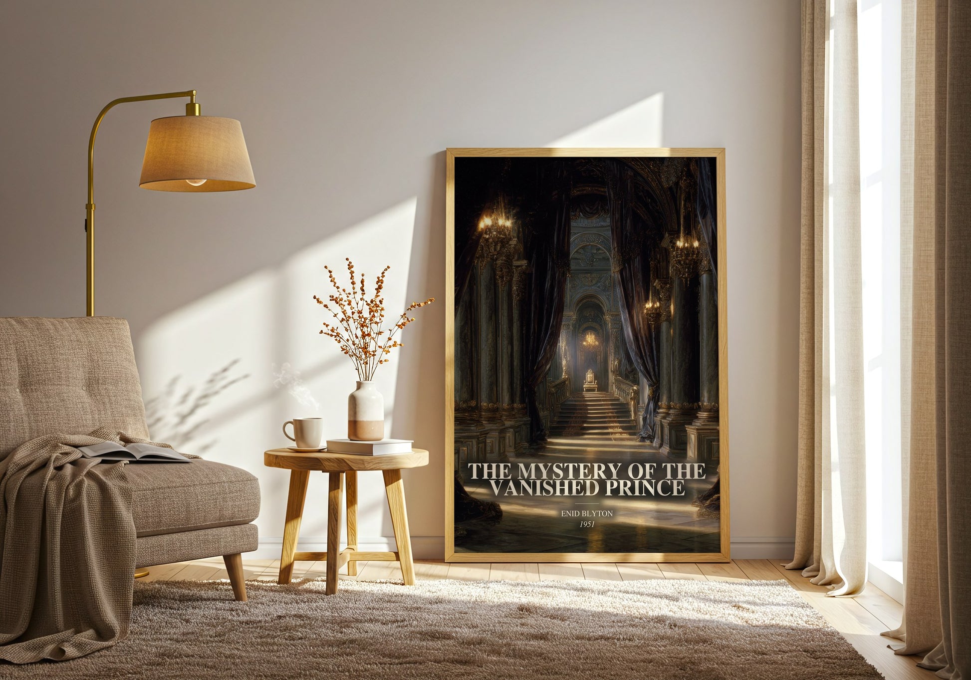 The Mystery Of The Vanished Prince watercolour print in frame leaning in hallway – childrens wall art