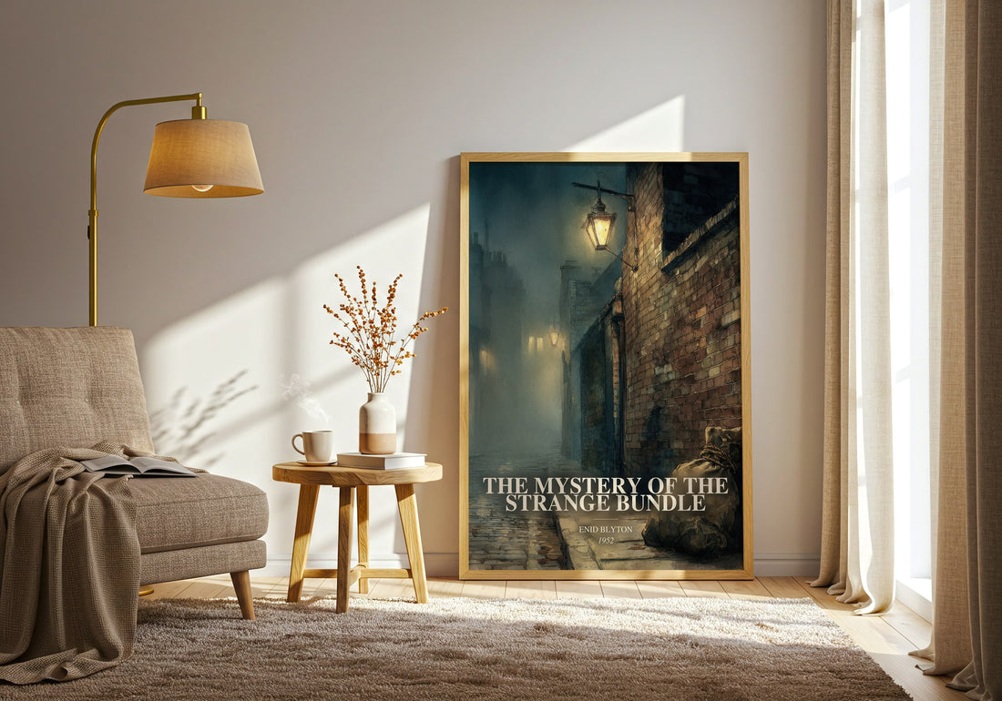 The Mystery Of The Strange Bundle watercolour print in frame leaning in hallway – childrens wall art (mockup)