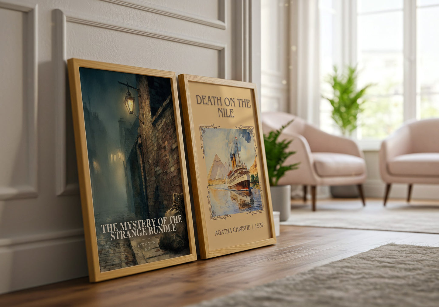 The Mystery Of The Strange Bundle watercolour print framed by window – literary home decor