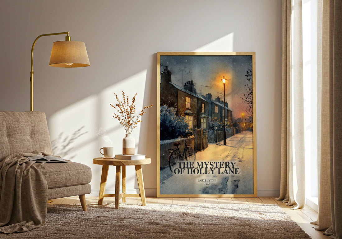The Mystery Of Holly Lane watercolour print in frame leaning in hallway – childrens wall art (mockup)