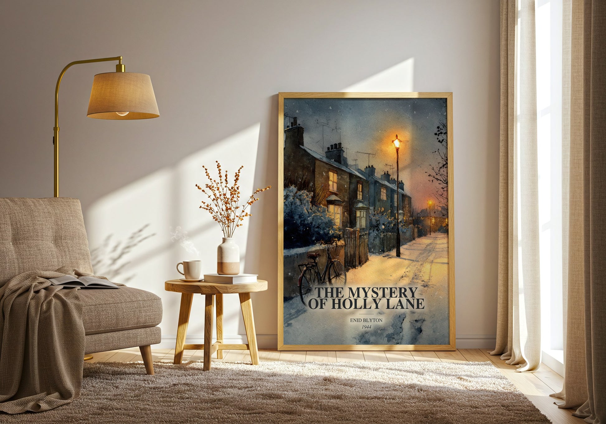 The Mystery Of Holly Lane watercolour print in frame leaning in hallway – childrens wall art