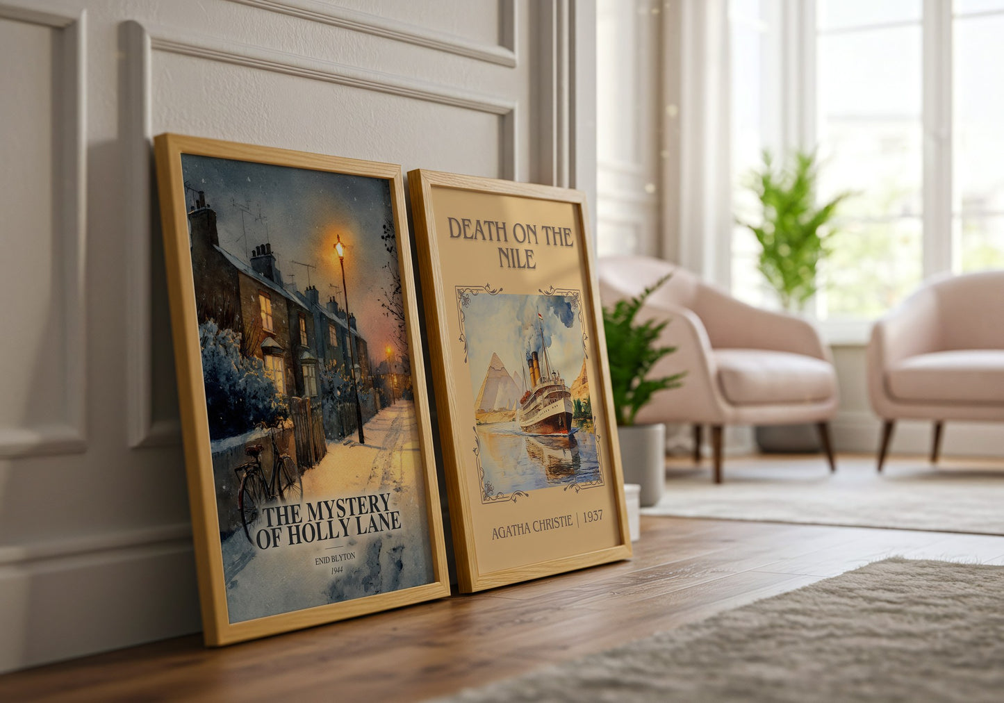 The Mystery Of Holly Lane watercolour print framed by window – literary home decor