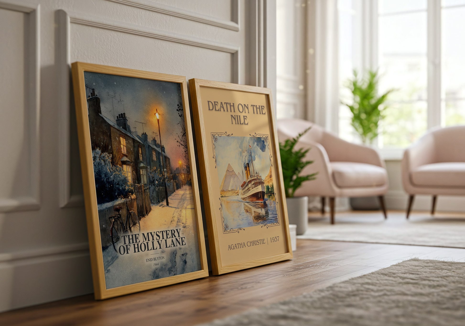 The Mystery Of Holly Lane watercolour print framed by window – literary home decor