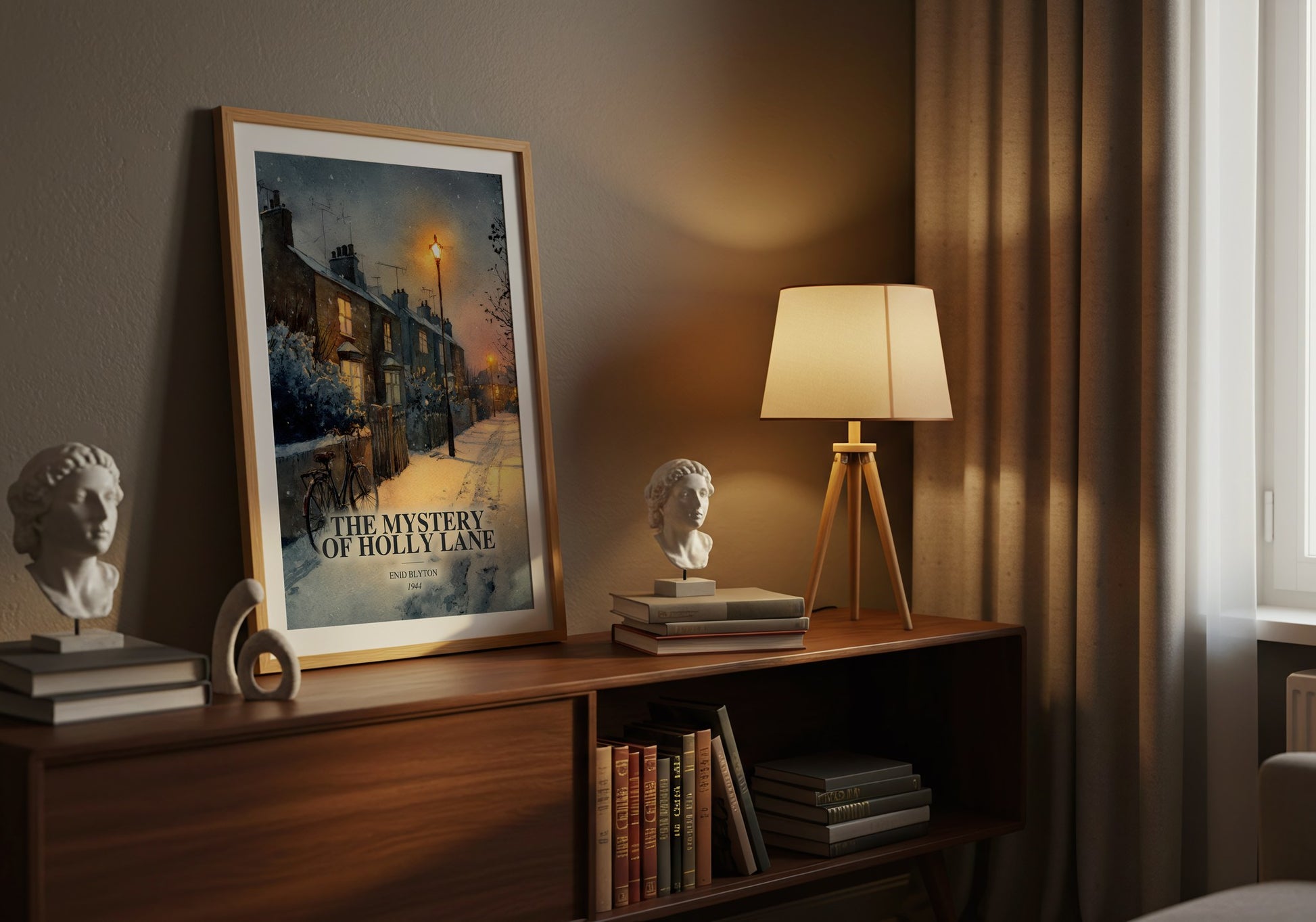 The Mystery Of Holly Lane watercolour print on bookshelf – Enid Blyton fan gift