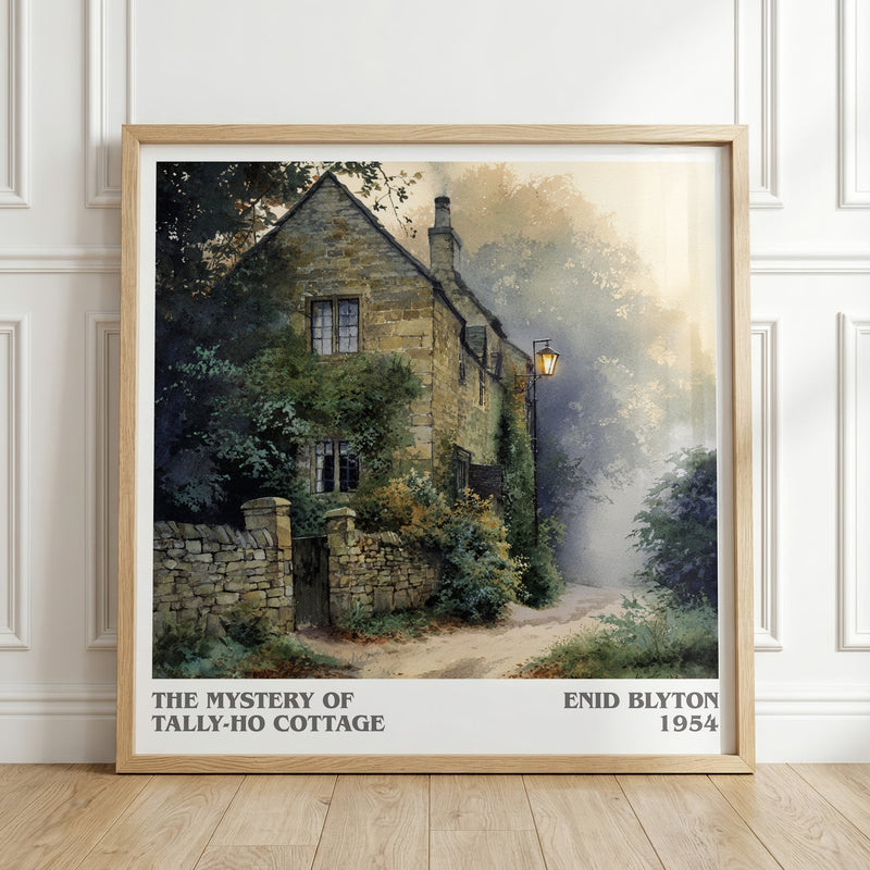 The Mystery of Tally-ho Cottage literary print in frame leaning in hallway – mystery wall art