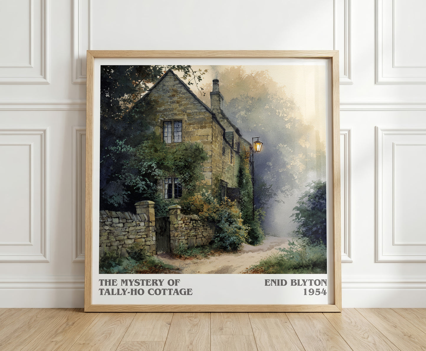 The Mystery of Tally-ho Cottage literary print in frame leaning in hallway – mystery wall art