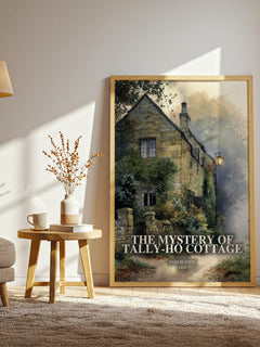 The Mystery Of Tally-Ho Cottage watercolour print in frame leaning in hallway – childrens wall art