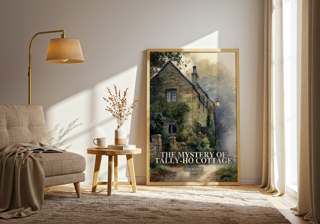 The Mystery Of Tally-Ho Cottage watercolour print in frame leaning in hallway – childrens wall art (mockup)