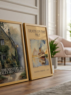 The Mystery Of Tally-Ho Cottage watercolour print framed by window – literary home decor