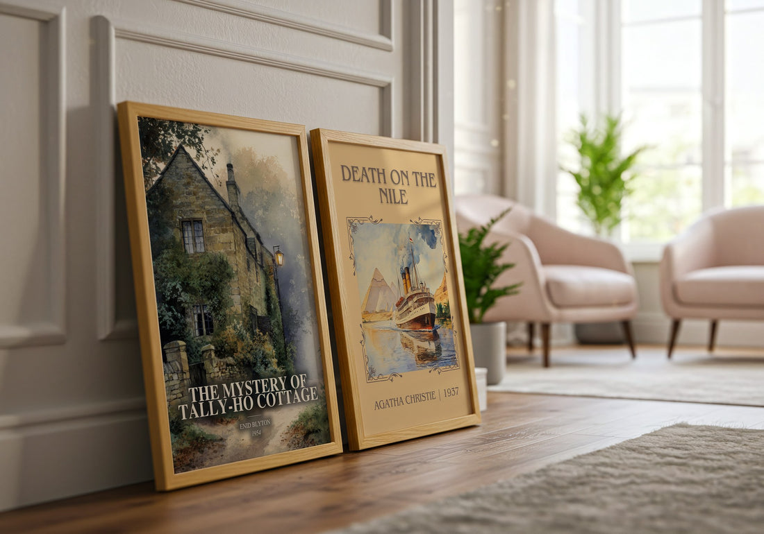 The Mystery Of Tally-Ho Cottage watercolour print framed by window – literary home decor