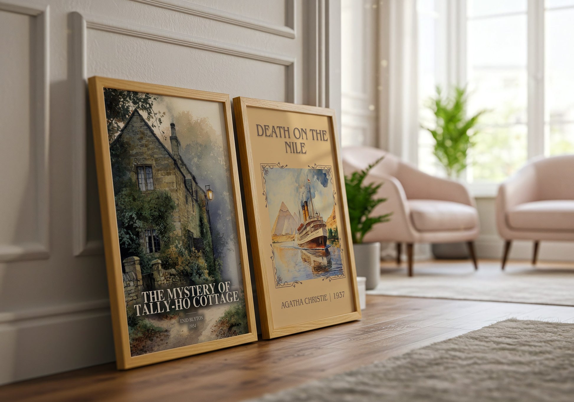 The Mystery Of Tally-Ho Cottage watercolour print framed by window – literary home decor