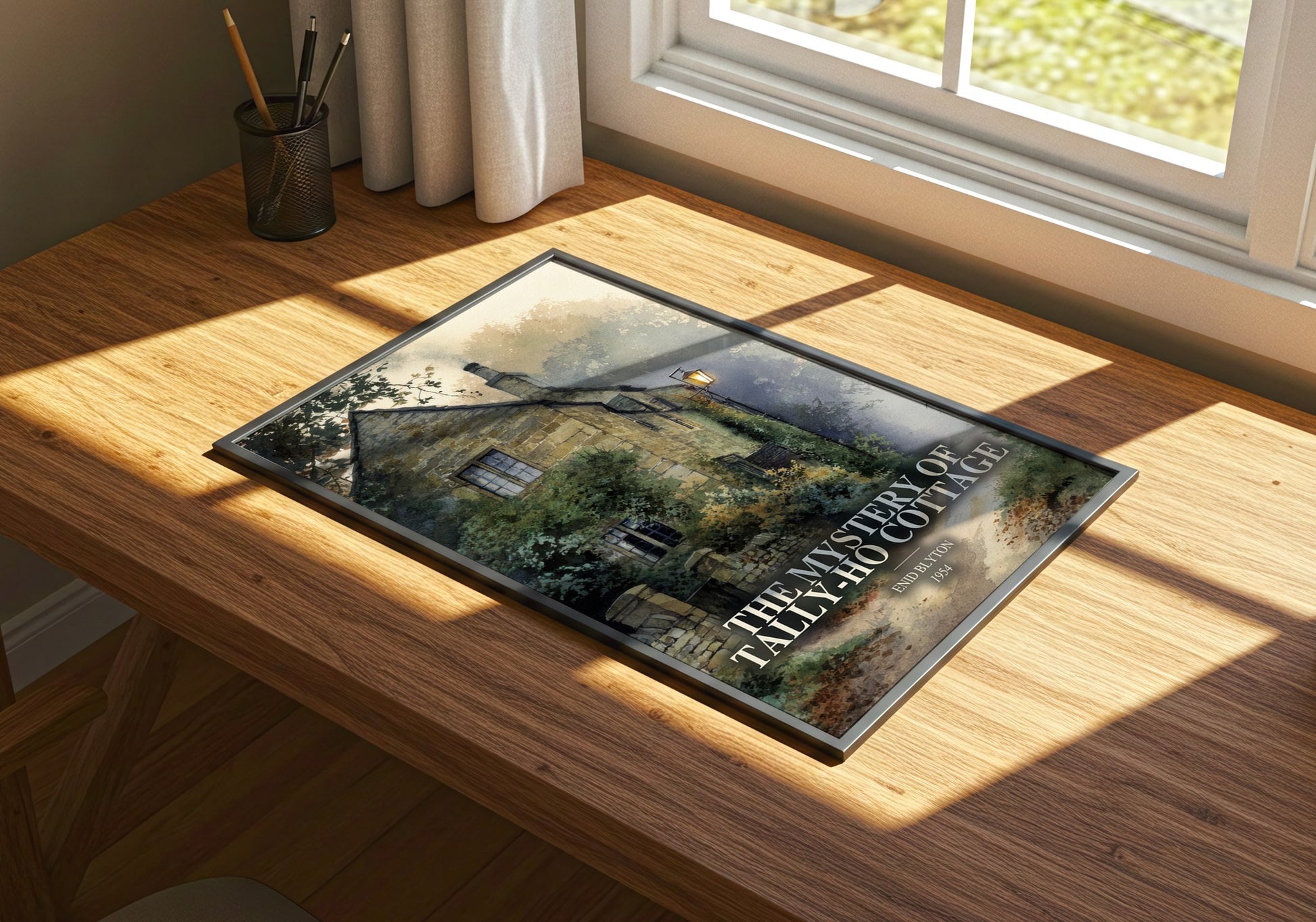 The Mystery Of Tally-Ho Cottage watercolour book poster framed on wall – childrens wall art