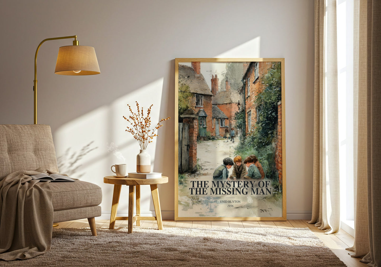 The Mystery Of The Missing Man watercolour print in frame leaning in hallway – childrens wall art