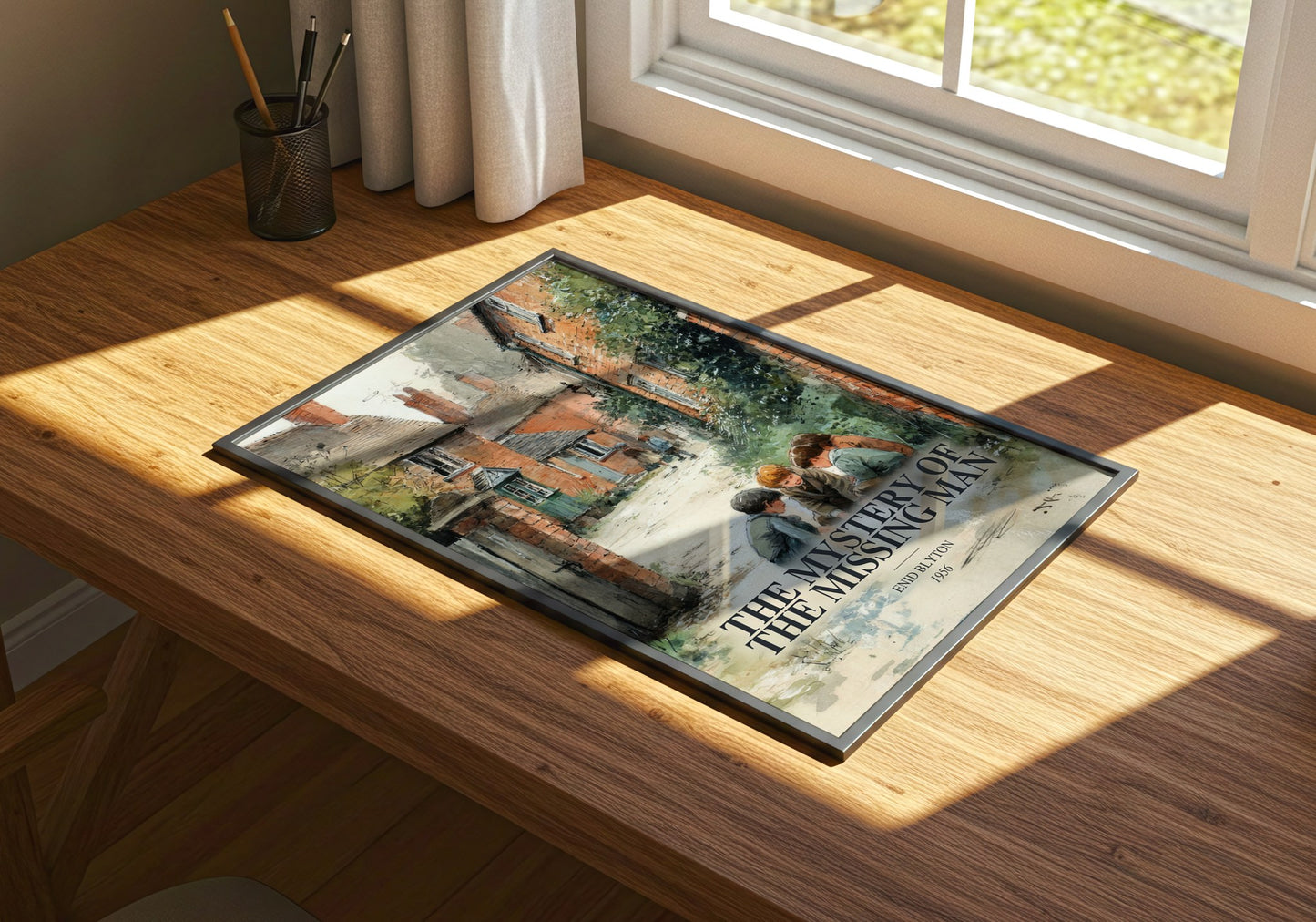 The Mystery Of The Missing Man watercolour book poster framed on wall – childrens wall art