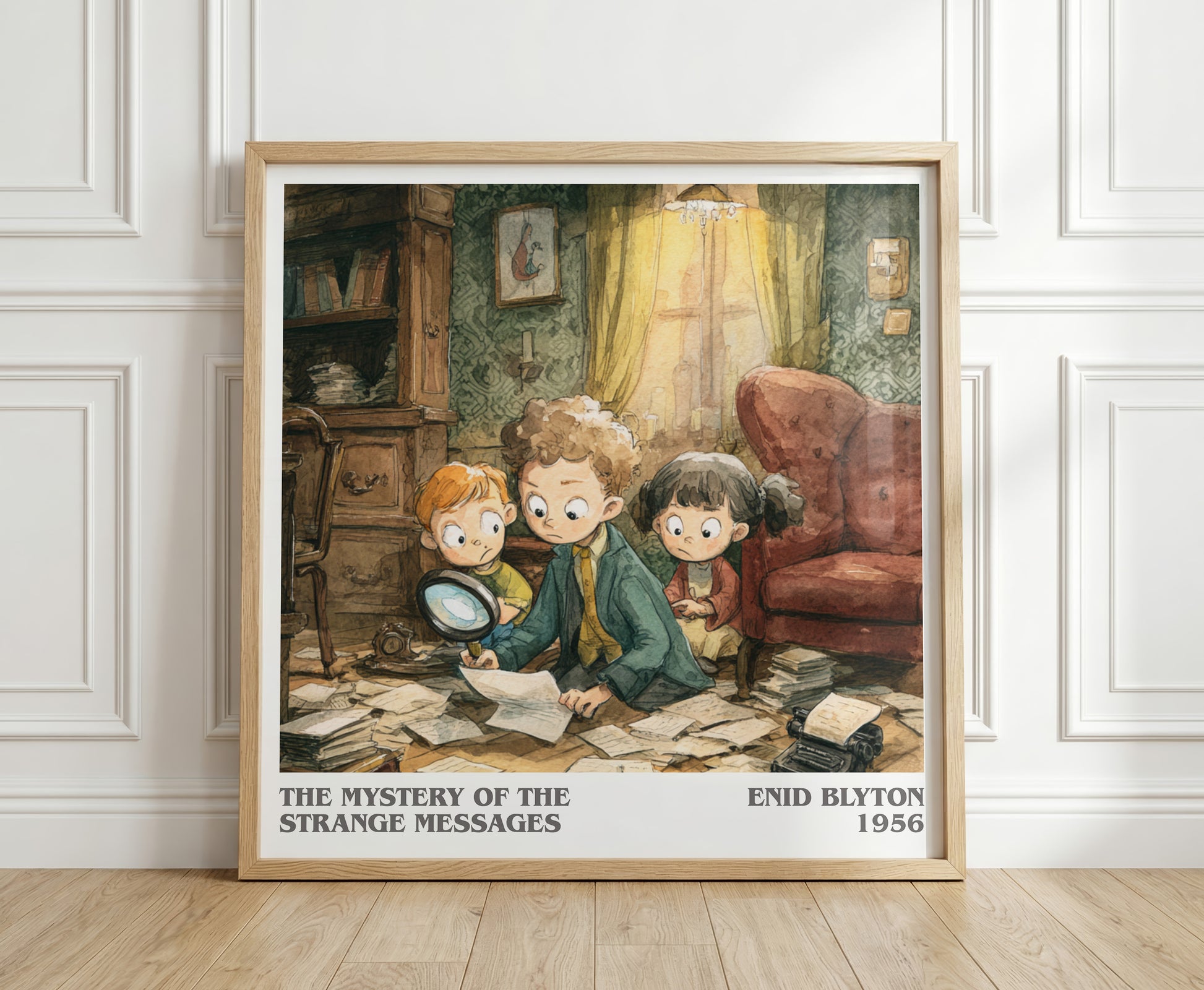 The Mystery of the Strange Messages literary print in frame leaning in hallway – childrens wall art