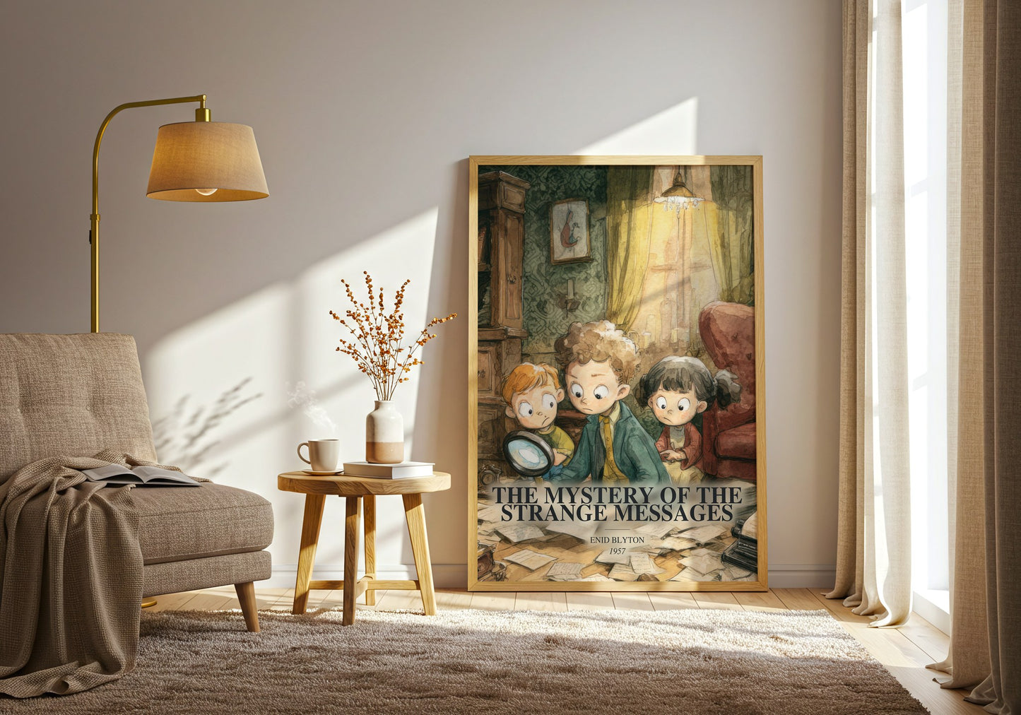 The Mystery Of The Strange Messages watercolour print in frame leaning in hallway – childrens wall art