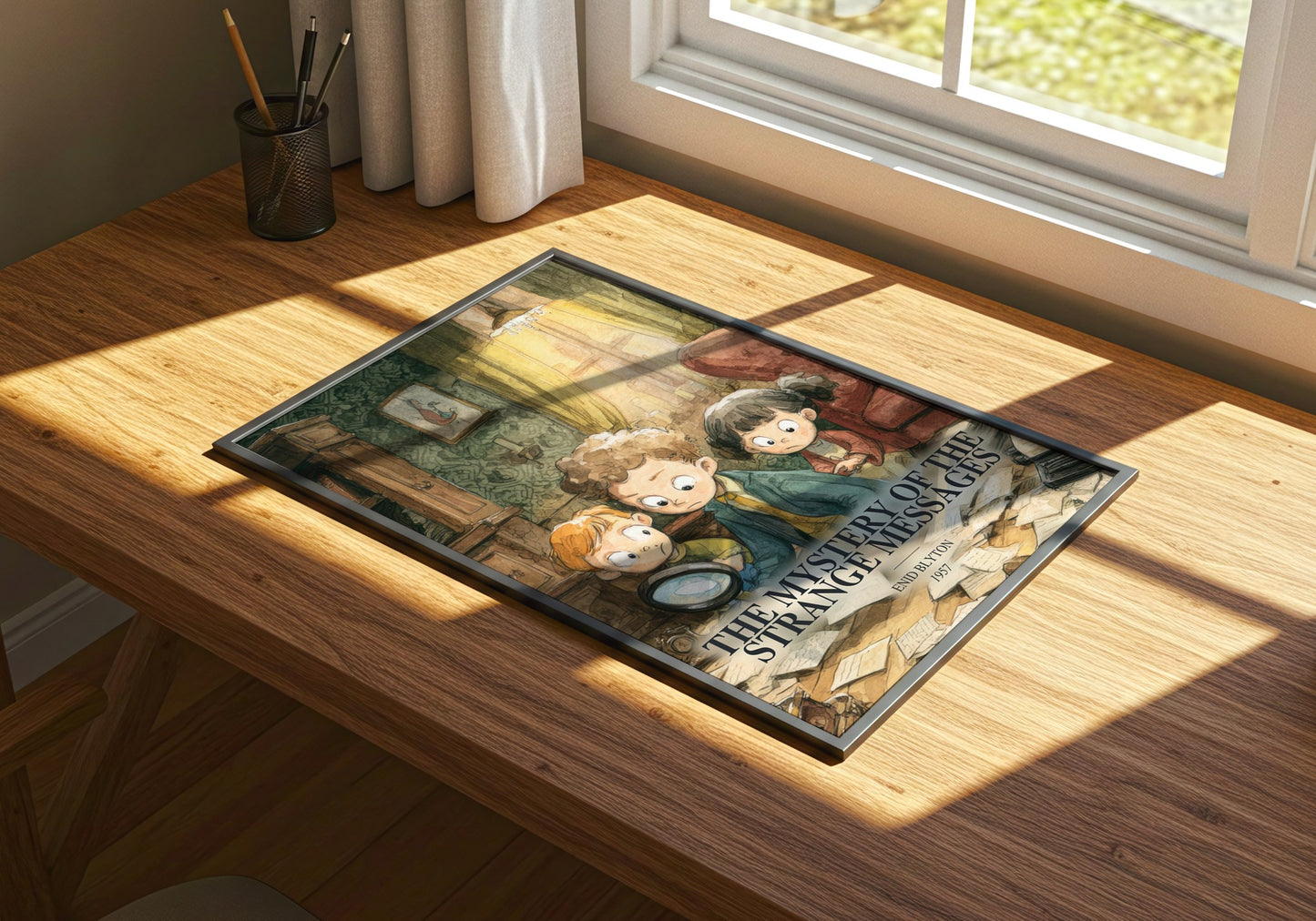 The Mystery Of The Strange Messages watercolour book poster framed on wall – childrens wall art
