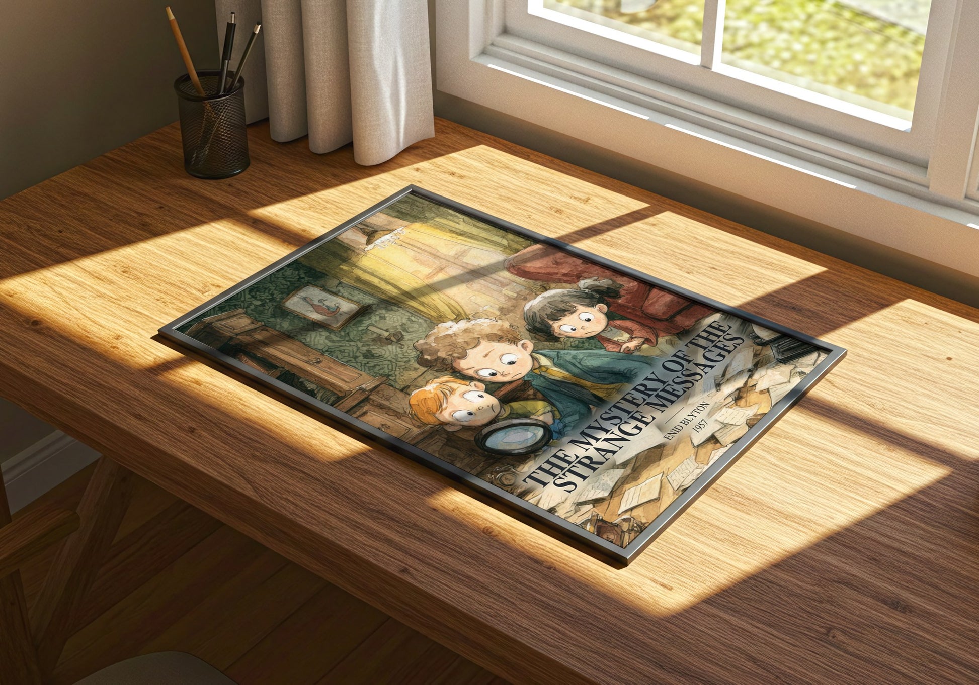 The Mystery Of The Strange Messages watercolour book poster framed on wall – childrens wall art