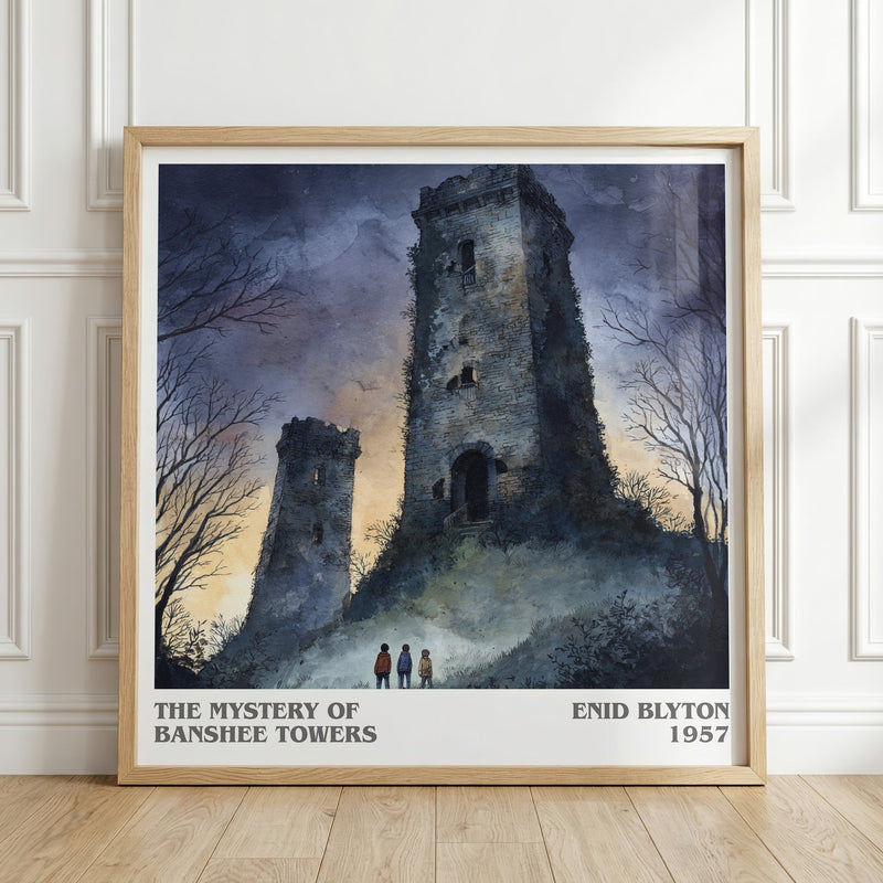 The Mystery Of Banshee Towers literary print in frame leaning in hallway – childrens wall art