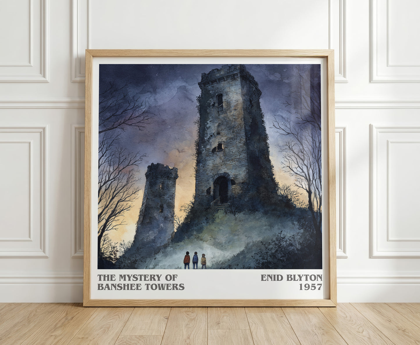 The Mystery Of Banshee Towers literary print in frame leaning in hallway – childrens wall art