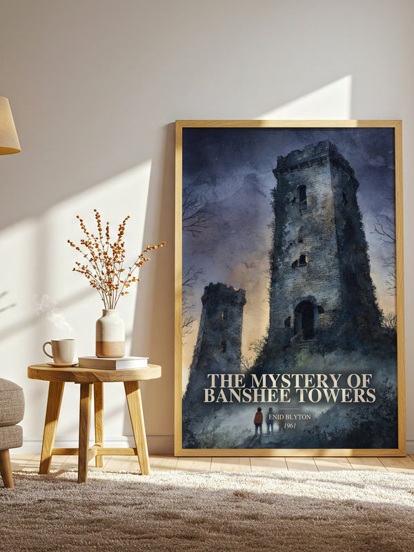 The Mystery Of Banshee Towers watercolour print in frame leaning in hallway – childrens wall art