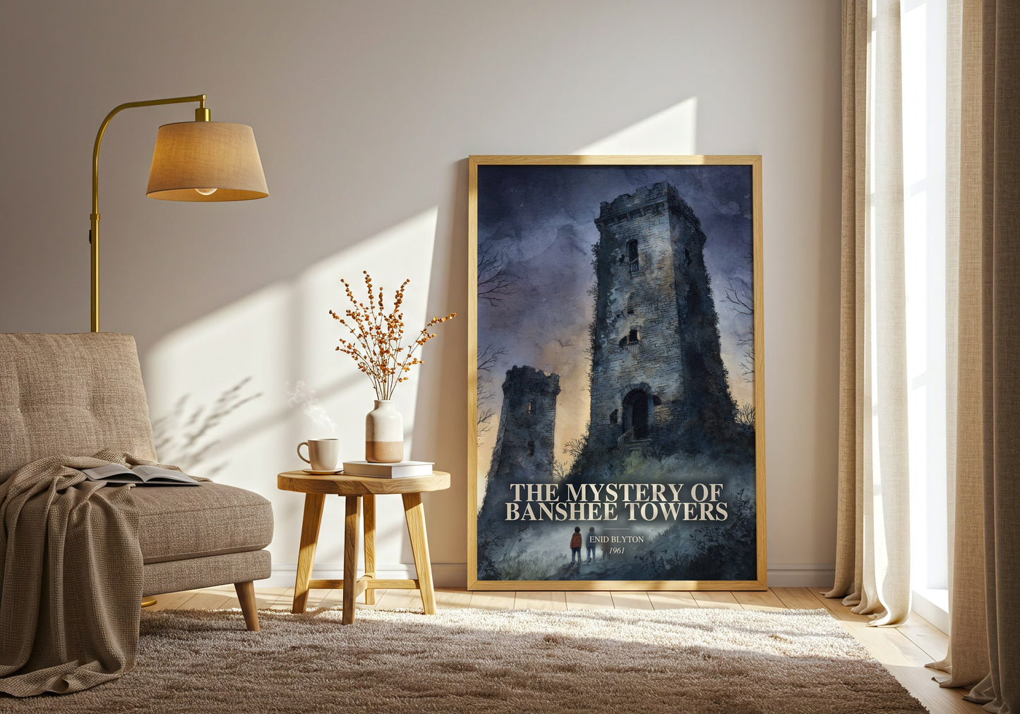 The Mystery Of Banshee Towers watercolour print in frame leaning in hallway – childrens wall art