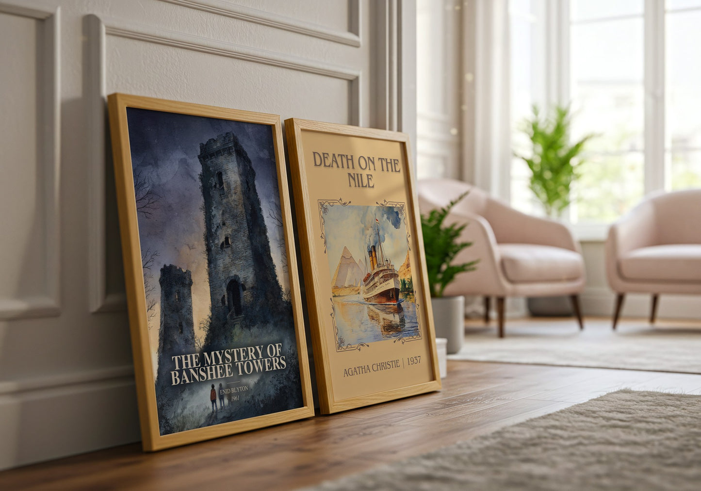 The Mystery Of Banshee Towers watercolour print framed by window – literary home decor