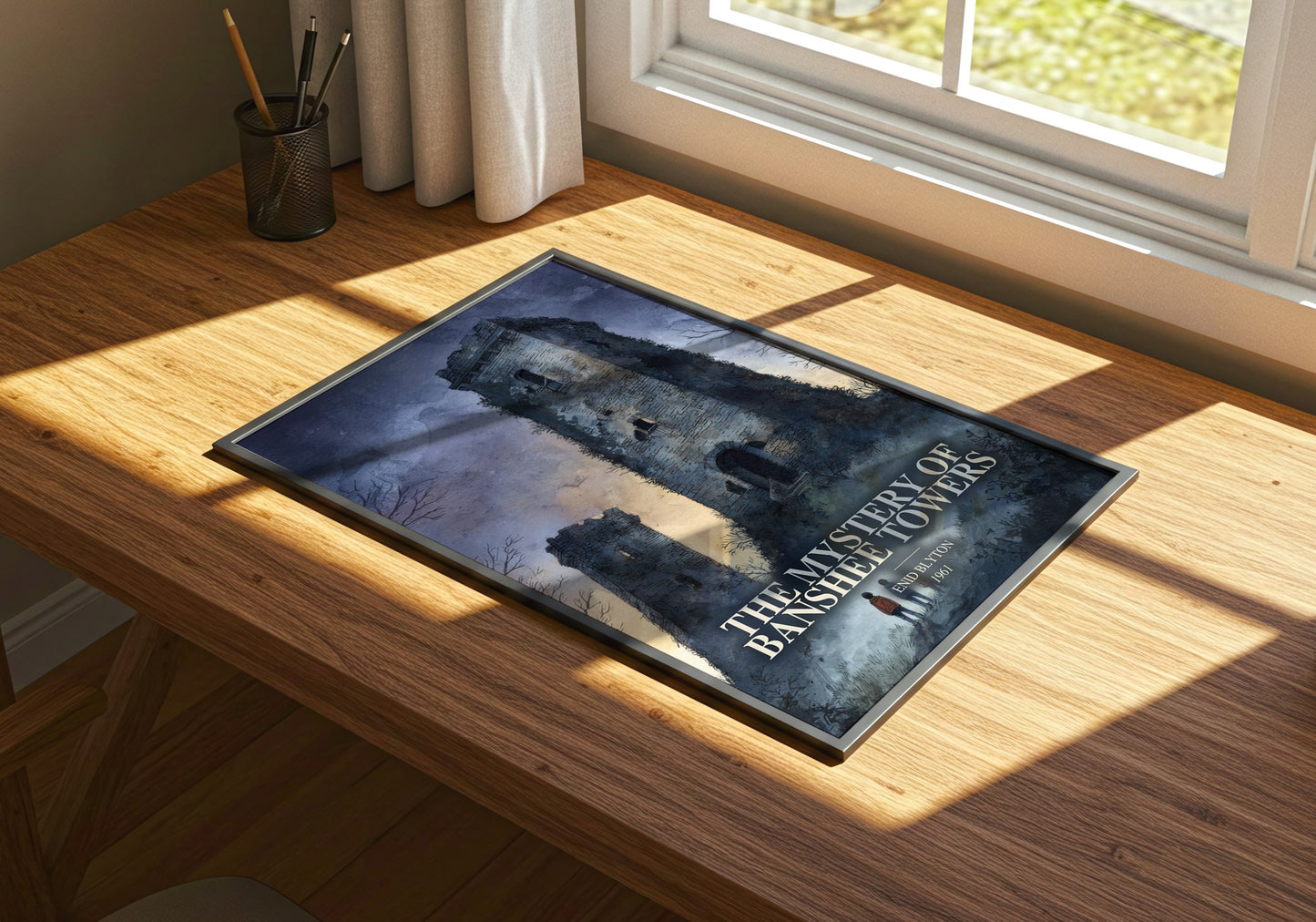 The Mystery Of Banshee Towers watercolour book poster framed on wall – childrens wall art