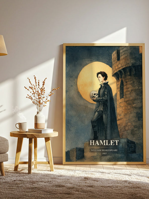Hamlet watercolour print in frame leaning in hallway – classic literature wall art