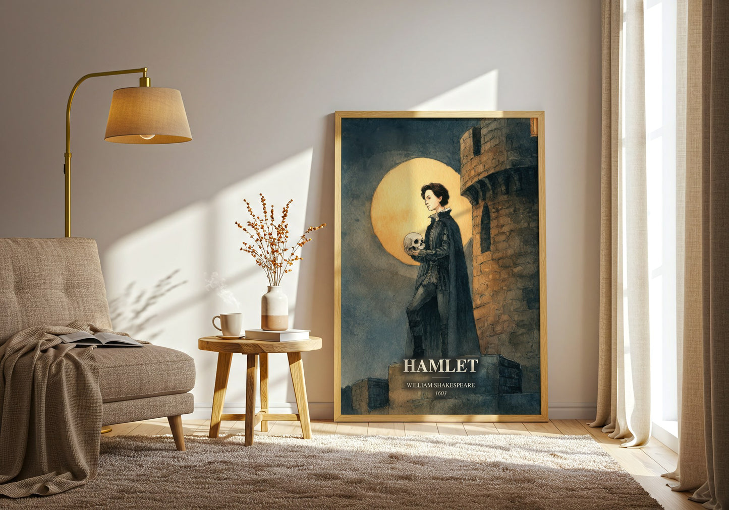 Hamlet watercolour print in frame leaning in hallway – classic literature wall art