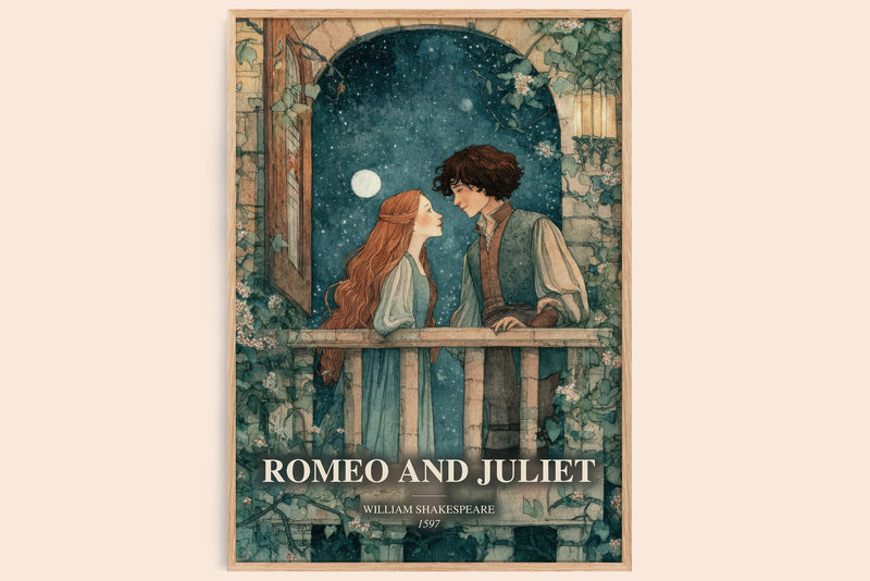 Romeo And Juliet watercolour book poster by William Shakespeare – framed literary art print