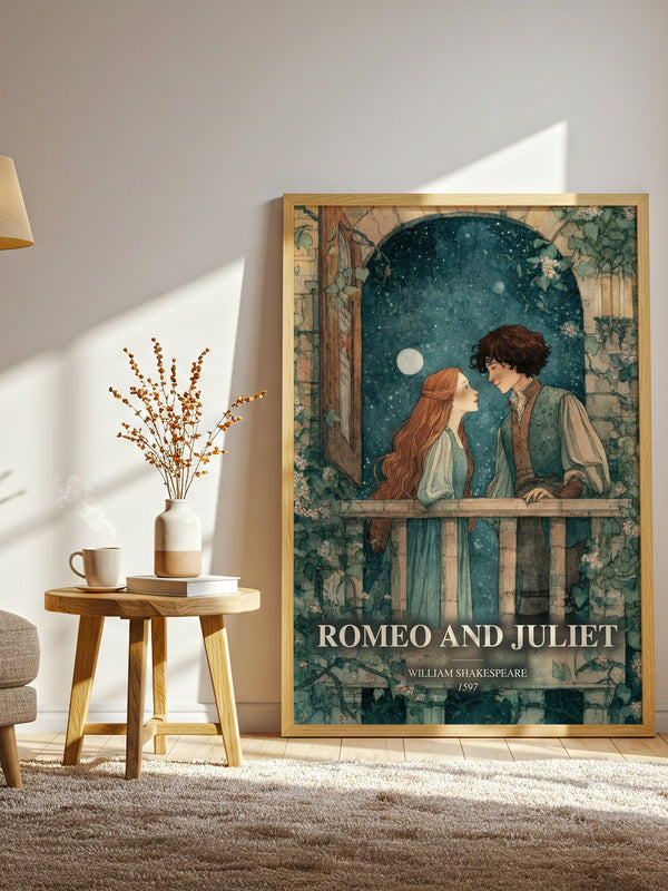 Romeo And Juliet watercolour print in frame leaning in hallway – classic literature wall art