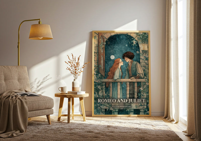 Romeo And Juliet watercolour print in frame leaning in hallway – classic literature wall art