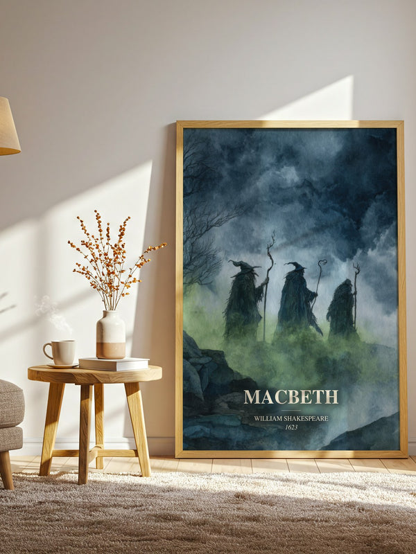 Macbeth watercolour print in frame leaning in hallway – classic literature wall art