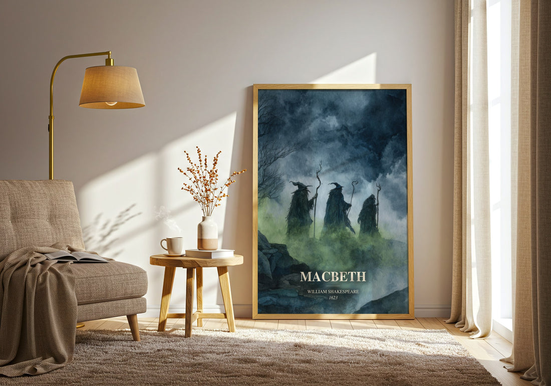Macbeth watercolour print in frame leaning in hallway – classic literature wall art (mockup)