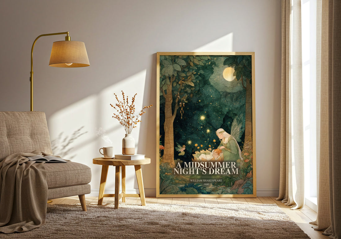 A Midsummer Night'S Dream watercolour print in frame leaning in hallway – classic literature wall art (mockup)