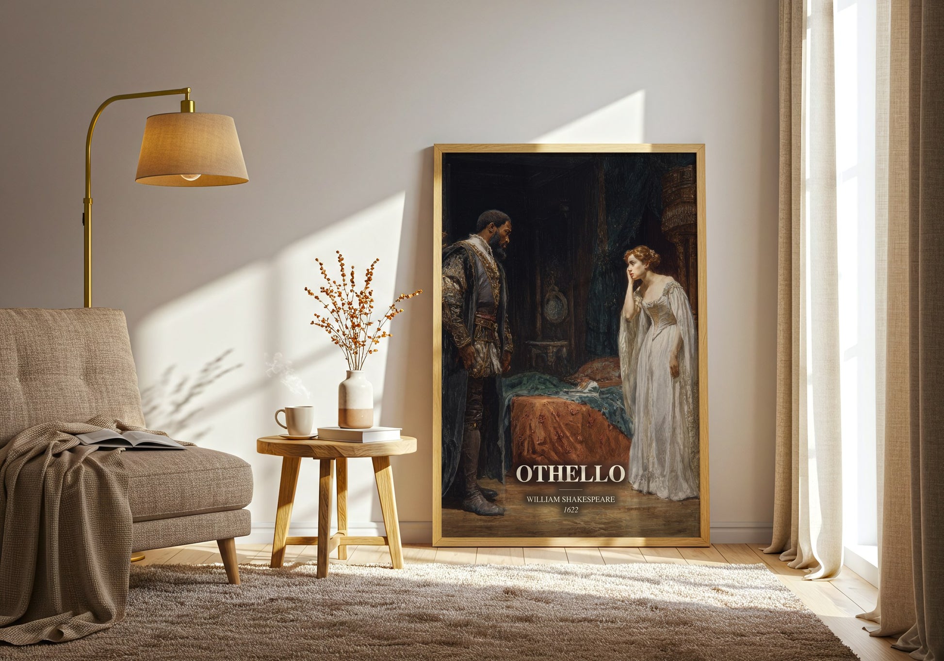 Othello watercolour print in frame leaning in hallway – classic literature wall art