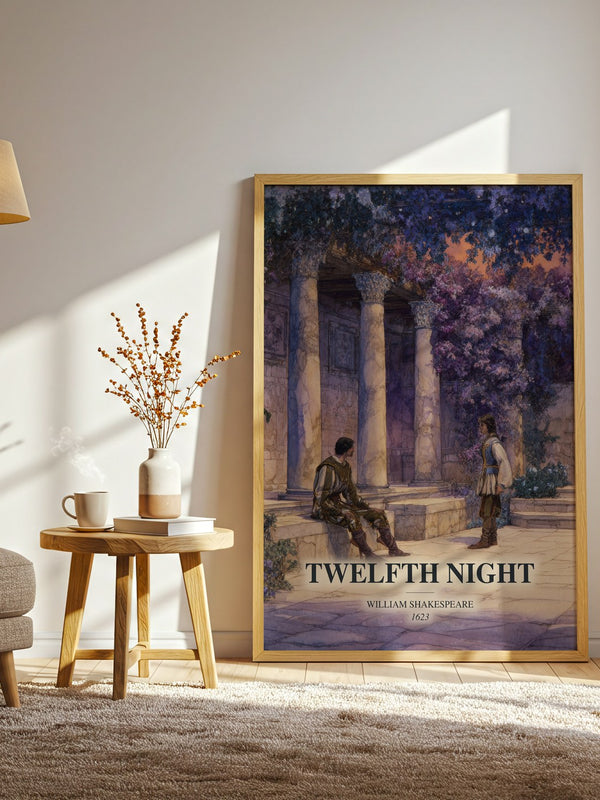 Twelfth Night watercolour print in frame leaning in hallway – classic literature wall art