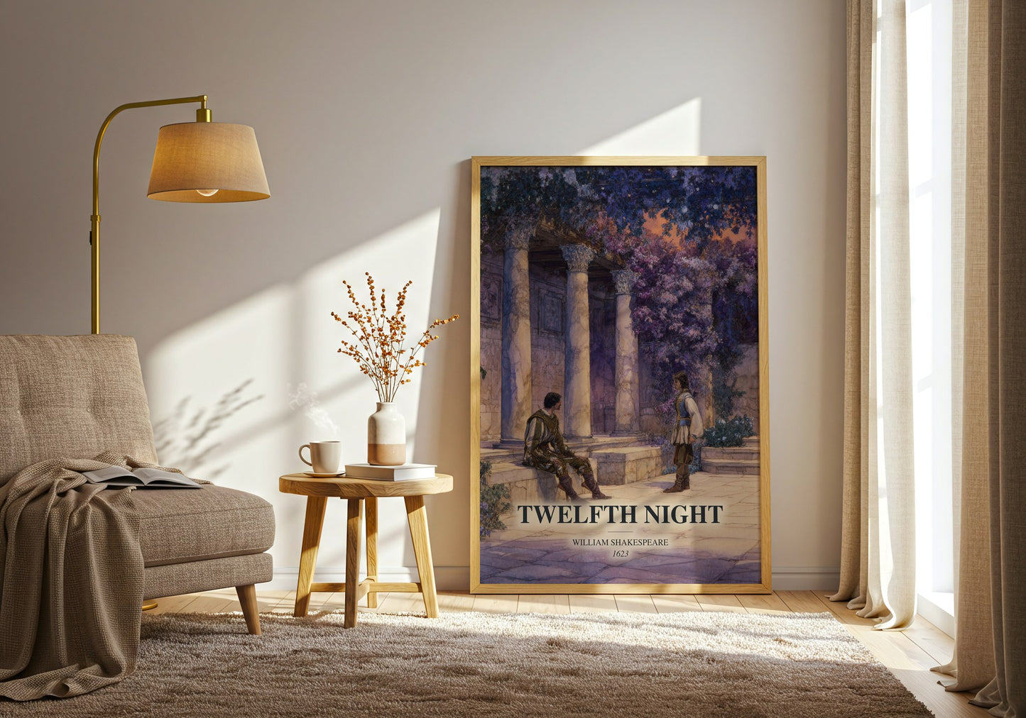 Twelfth Night watercolour print in frame leaning in hallway – classic literature wall art