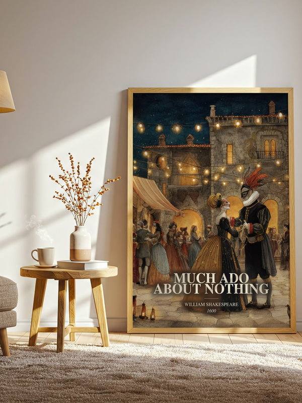 Much Ado About Nothing watercolour print in frame leaning in hallway – classic literature wall art