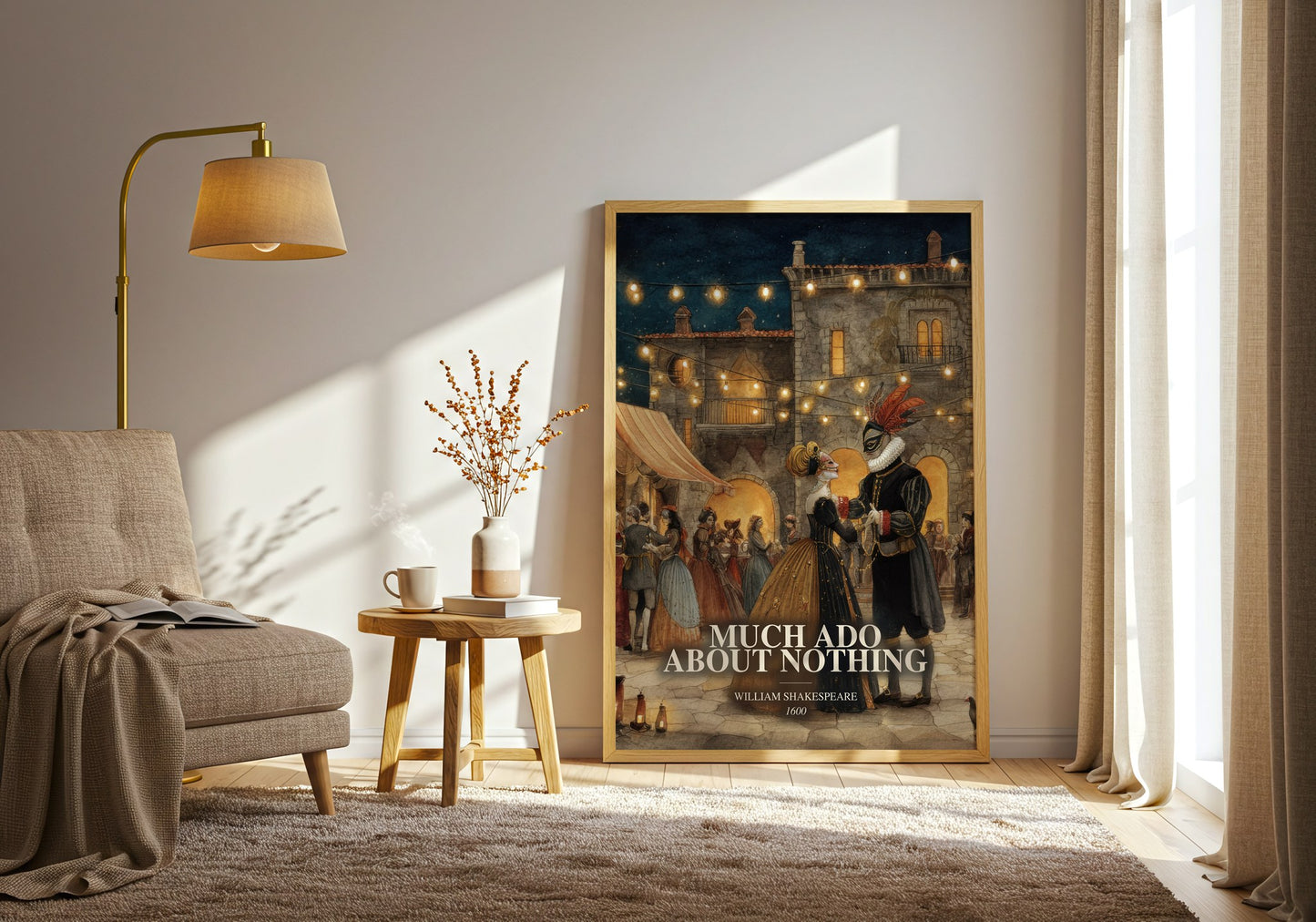 Much Ado About Nothing watercolour print in frame leaning in hallway – classic literature wall art