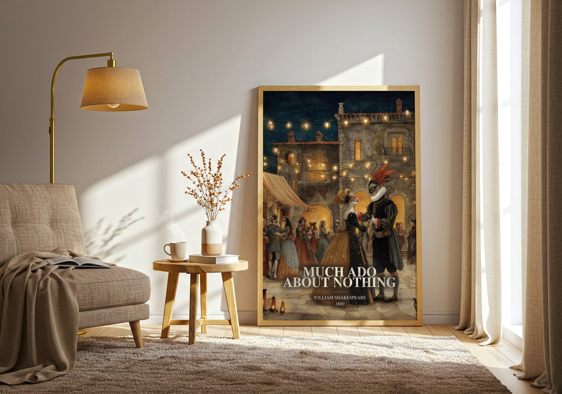 Much Ado About Nothing watercolour print in frame leaning in hallway – classic literature wall art