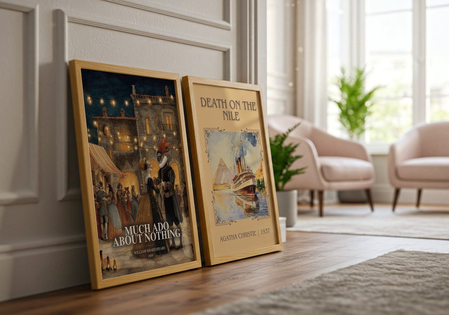 Much Ado About Nothing watercolour print framed by window – literary home decor