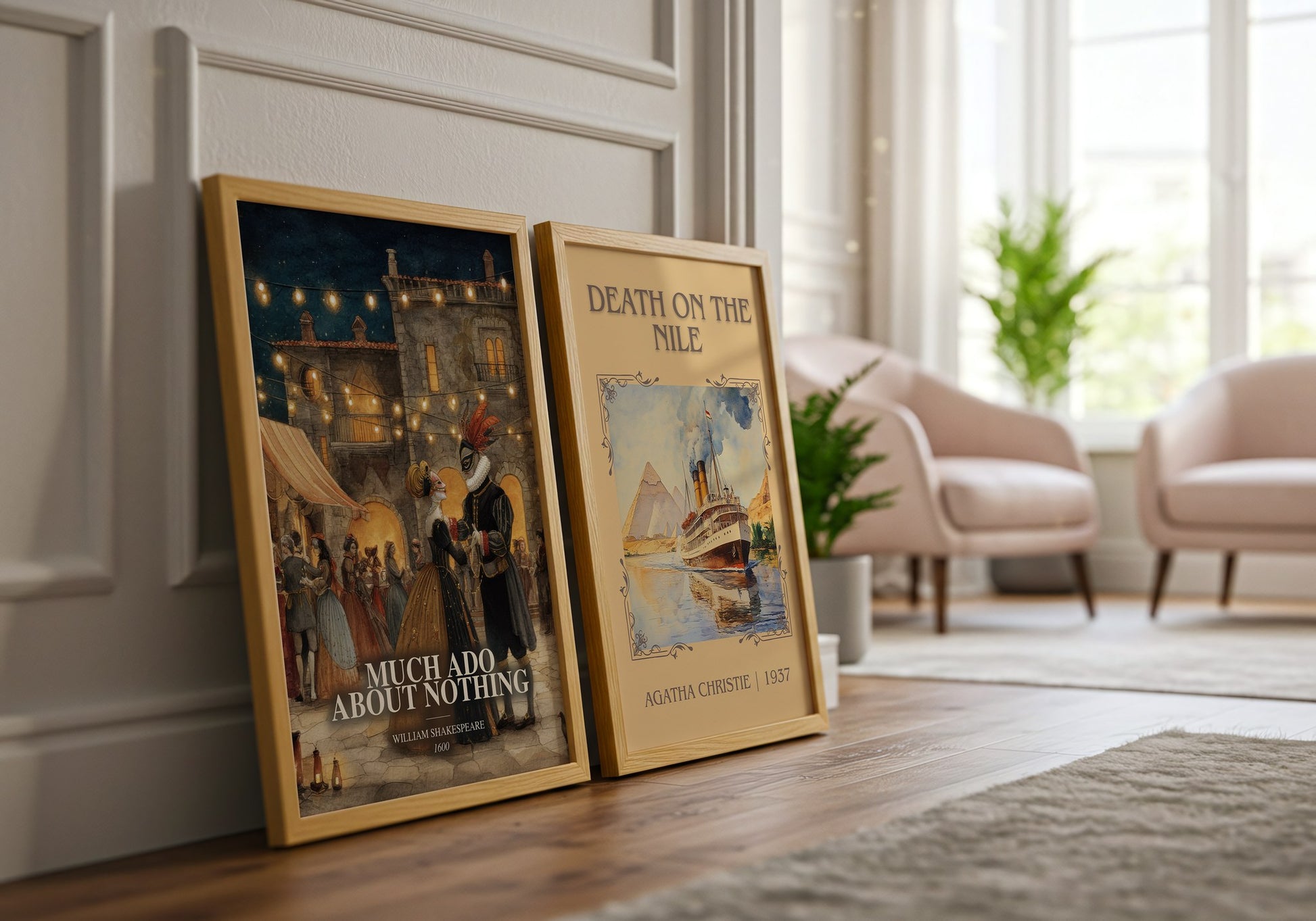 Much Ado About Nothing watercolour print framed by window – literary home decor