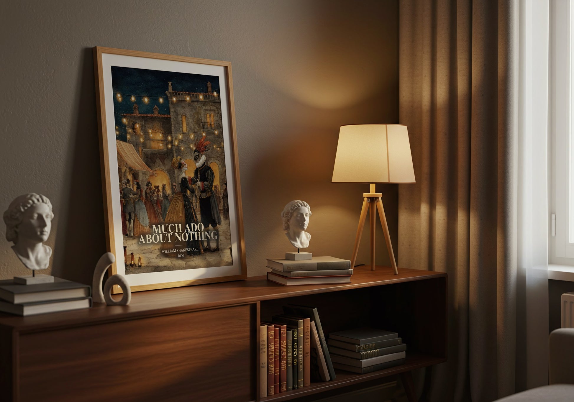Much Ado About Nothing watercolour print on bookshelf – William Shakespeare fan gift