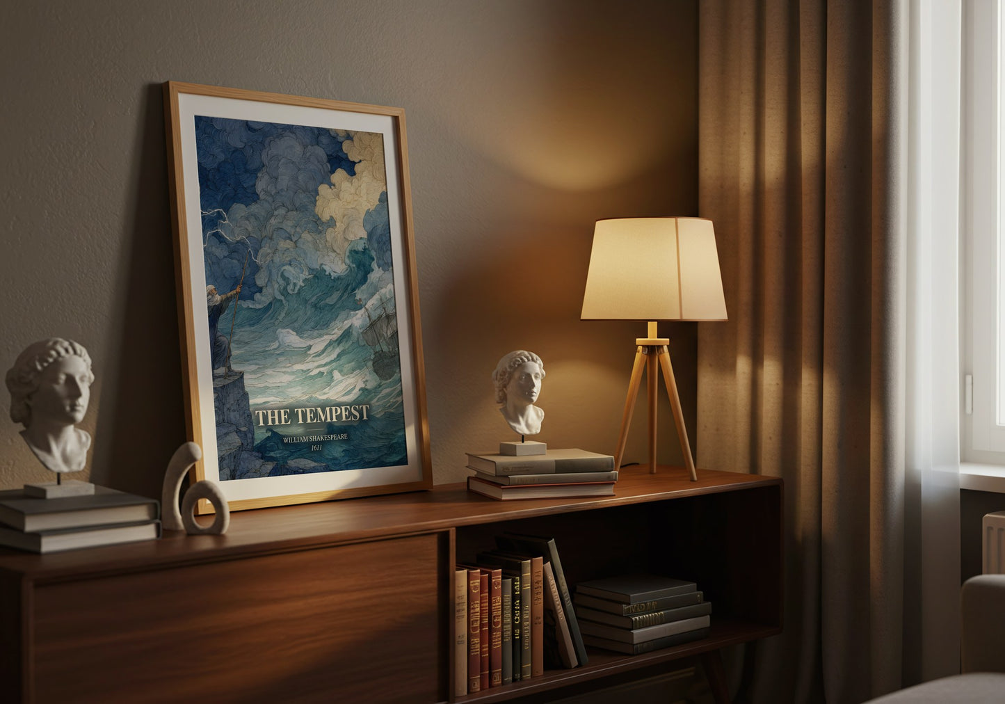 The Tempest watercolour print on bookshelf – William Shakespeare fan gift