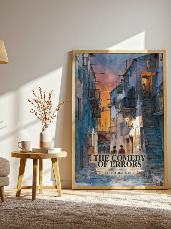 The Comedy Of Errors watercolour print in frame leaning in hallway – classic literature wall art