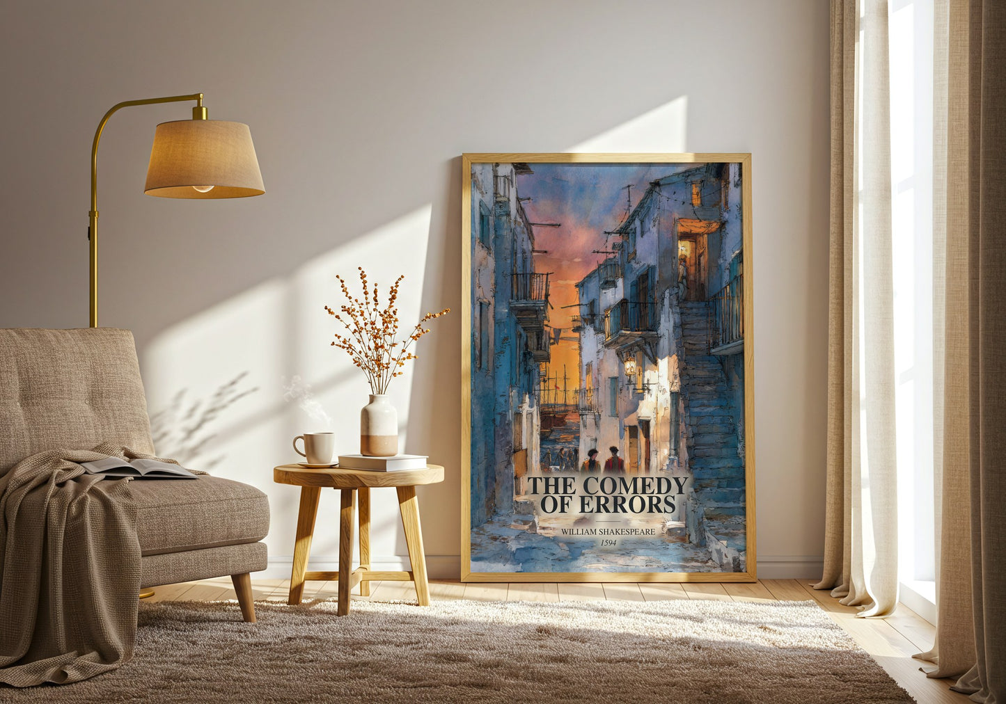 The Comedy Of Errors watercolour print in frame leaning in hallway – classic literature wall art